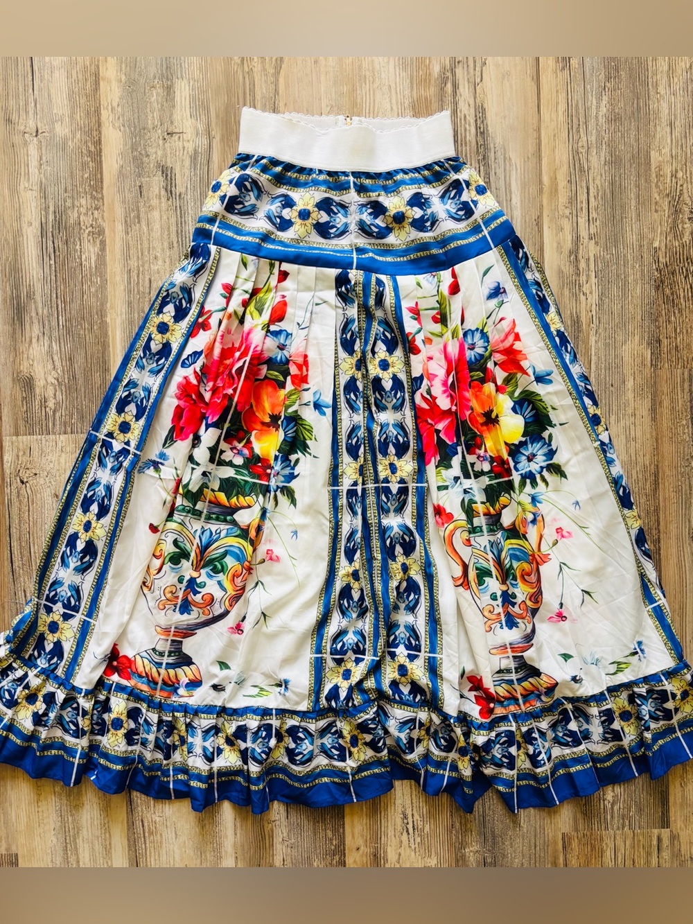 Floral Blue & White Maxi Skirt with Vibrant Print